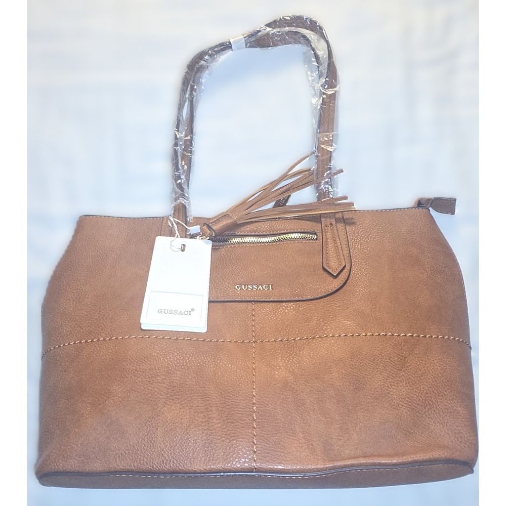 Gussaci Shoulder Tote Bag Large Brown Zippered Everyday Carry Utility Chic